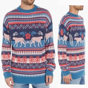 The Rail Longline Fair Isle Sweater Leopards Palm Trees Crewneck Slim Fit Large